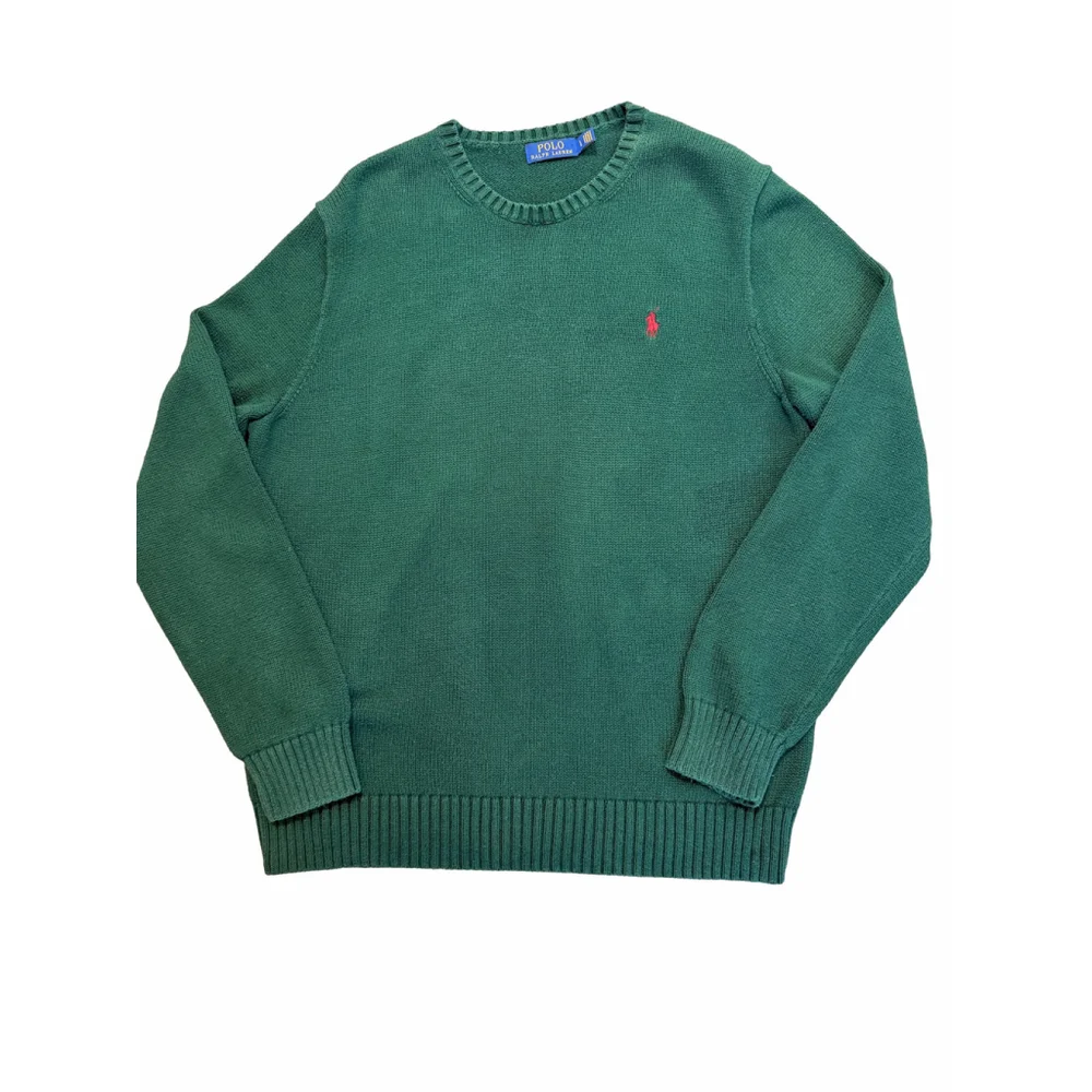 Men's Polo Ralph Lauren Green Crewneck Sweater Size Lg Red Logo Preppy Old Money